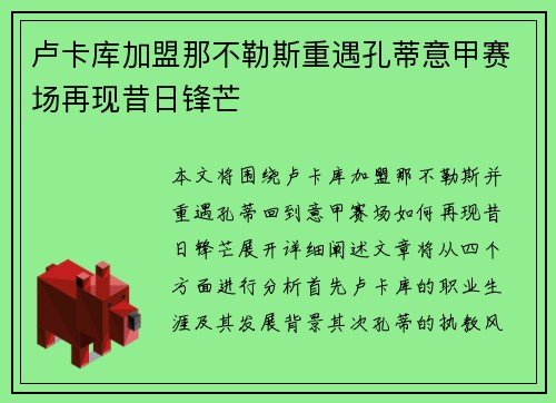 卢卡库加盟那不勒斯重遇孔蒂意甲赛场再现昔日锋芒