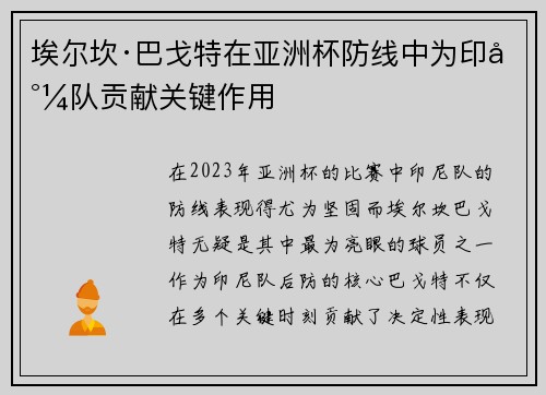 埃尔坎·巴戈特在亚洲杯防线中为印尼队贡献关键作用